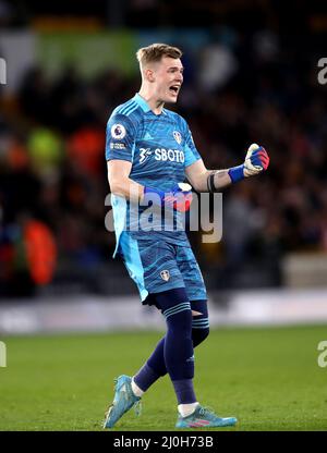 Leeds United goalkeeper Kristoffer Klaesson celebrates during the Premier League match at Molineux Stadium, Wolverhampton. Picture date: Friday March 18, 2022. Stock Photo