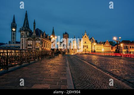 The St. Michael Bridge in Ghent at night Stock Photo