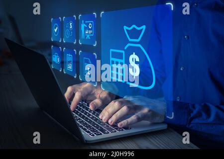 Budget and financial planning concept with accountant working on company's yearly income and expenses forecast on computer. Corporate finance and annu Stock Photo
