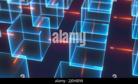 Connection structure of neon cubes Stock Photo