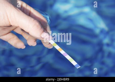 Testing the water quality in the pool with test strips Stock Photo