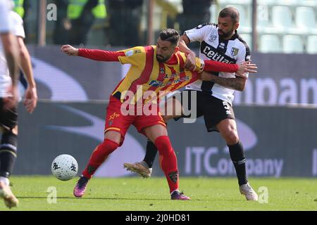 Danilo of PARMA CALCIO competes for the ball with Massimo Coda of US LECCE during the Serie B match between Parma Calcio and US Lecce at Ennio Tardini on March 19, 2022 in Parma, Italy. Stock Photo