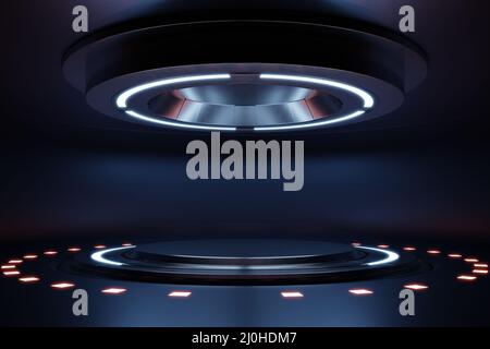 Futuristic interior with empty podium.Empty dark blue studio room futuristic Sci Fi.3d rendering Stock Photo