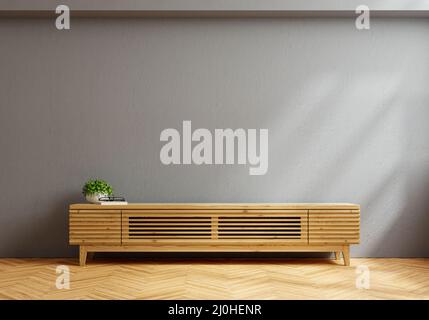 Cabinet for LED TV in living room interior wall mockup on dark concrete wall.3d rendering Stock Photo