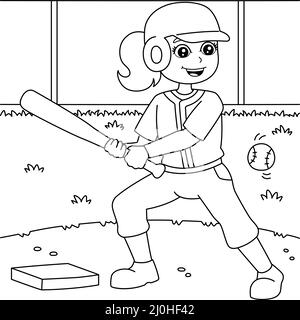 Premium Vector  Girl playing baseball coloring page for kids