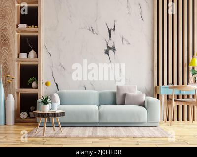 Modern interior of living room have blue sofa with coffee table and working table on marble wall.3d rendering Stock Photo