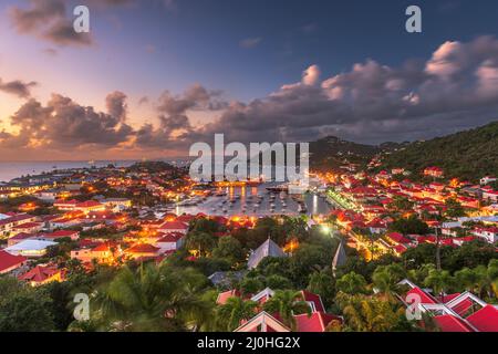Gustavia, Saint Barthelemy skyline and harbor in the West Indies of the Caribbean at dusk. Stock Photo