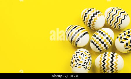 Minimal easter concept. Golden Easter eggs with geometric design on yellow background. Web-banner. Stock Photo