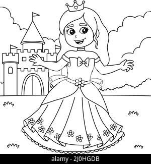 Princess In front of the Castle Coloring for Kids Stock Vector