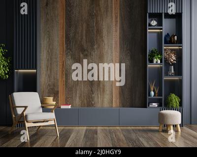 Cabinet for TV wall mounted in modern living room with decoration on dark wall background.3D rendering Stock Photo