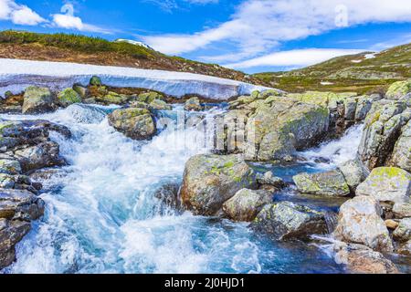 Beautiful Storebottane river vavatn lake with snow Hemsedal Norway. Stock Photo