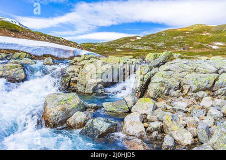 Beautiful Storebottane river vavatn lake with snow Hemsedal Norway. Stock Photo