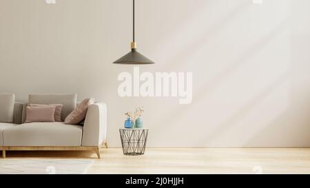 Empty living room with sofa,lamp and table on empty white wall background.3d rendering Stock Photo