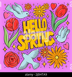 Hello Spring, logotype, typography icon. Lettering for greeting card ...