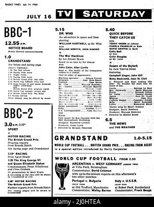 The Radio Times from the Sixties, Dr. Who is airing on Saturday tea-time, still with William Hartnell, and sports enthusiasts will note that this issue from 1966 is World Cup year, with West Germany one of three games covered on Grandstand. Front cover with airship on, plus inside page showing listings Stock Photo