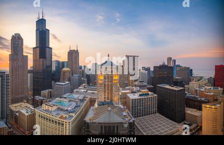 Chicago, Illinois, USA aerial downtown skyline at dusk. Stock Photo