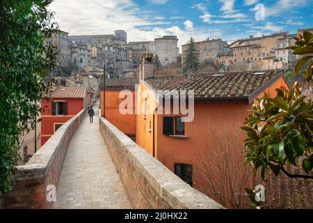 Perugia, Italy on the medieval Aqueduct Street in the morning. Stock Photo