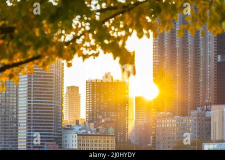 The sun sets among Midtown Manhattan skyscraper beyond the East River on November 2021 in New City. View from Franklin D. Roosevelt Four Freedoms Park Stock Photo