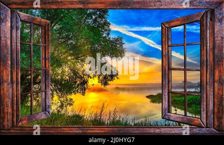 Colorful sunrise view from the window Stock Photo