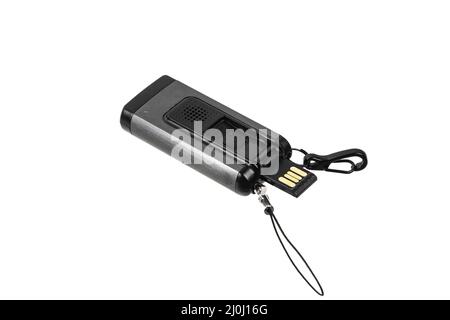 Black metal LED flashlight isolate on a white background. Pocket lamp for dark time of day or dark rooms. Stock Photo