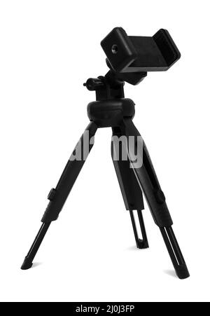 A tripod for a phone with a mount for a phone isolated on a white background Stock Photo