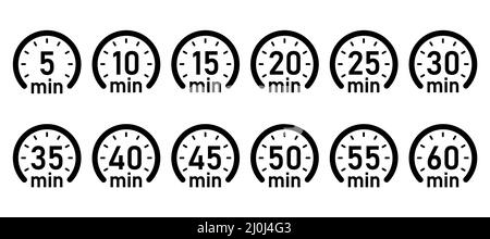10, 15, 20, 25, 30, 35, 40, 45, 50 min,Timer, clock, stopwatch isolated set icons. Great design for any purposes. Vector logo Stock Vector