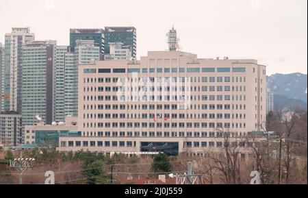 South Korean Defense Ministry, March 18, 2022 : The new main building of South Korean Defense Ministry is seen in Yongsan district in central Seoul, South Korea. South Korea's President-elect Yoon Suk-Yeol of the main opposition People Power Party (PPP) is planning relocating the presidential office from the Blue House to either the defense ministry compound in Yongsan district or the foreign ministry building in Gwanghwamun area. Some of current ruling Democratic Party officials estimate that relocating to the defense ministry compound could cost up to 1 trillion won ($822.7 million). Former Stock Photo