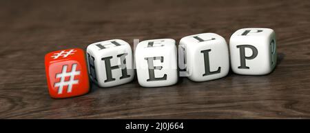 Red hashtag dice and white dices with the word HELP on wooden underground Stock Photo