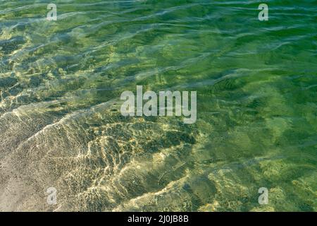 Background of abstract close up view of ripples in clear and shallow light blue water with limestone sand underneath Stock Photo