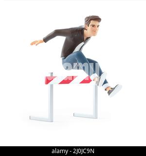 3d cartoon man jumping over hurdle, illustration isolated on white background Stock Photo