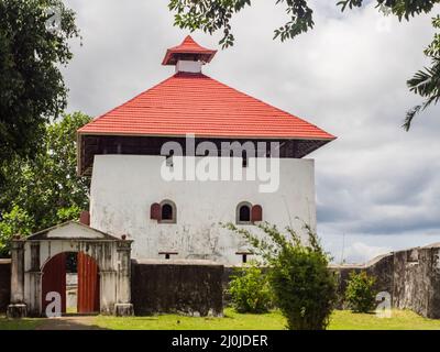 Ambon Island, Indonesia - Feb 2018: Fort Amsterdam (also formerly known as Blokhuis Amsterdam) is a fort and a blockhouse in Hila town, Leihitu Subdis Stock Photo