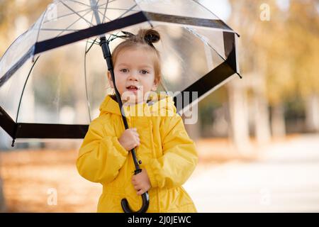 Pretty funny kid girl 2-3 year old wear yellow bright raincoat, rubber boots hold umbrella walk in park over fallen leaves outdoors. Autumn season. Ha Stock Photo