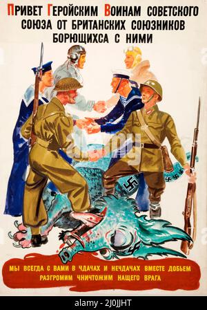 Russian propaganda - Vintage Russian poster - Unity of Strength British and Russian servicemen over body of swastikaed dragon Stock Photo