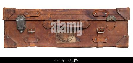 Retro Vintage Old Brown Suitcase Or Luggage Isolated On A White Background Stock Photo