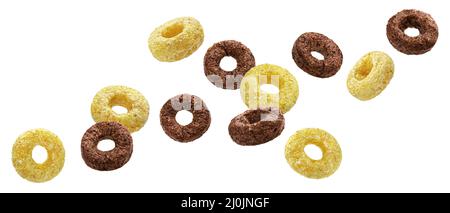 Falling chocolate corn rings isolated on white background Stock Photo