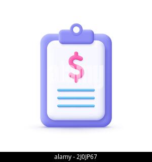 Paper document, clipboard with money sign. Tax form, invoice, contract. 3d vector icon. Cartoon minimal style. Stock Vector