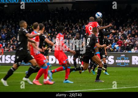 SSC Napoli's Nigerian striker Victor Osimhen scores against udinese during the Serie A football match between SSC Napoli and Udinese. Napoli won 2-1 Stock Photo