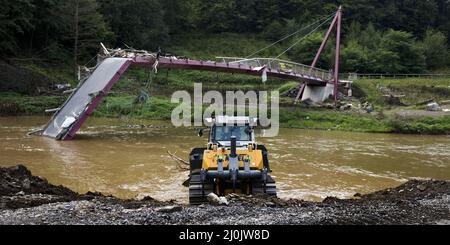 Flood disaster 2021, a destroyed bridge over the river Ahr, Mayschoss, Ahrtal, Eifel, Rhineland-Pala Stock Photo