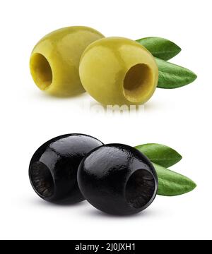 Black and green pitted olives isolated on white background Stock Photo