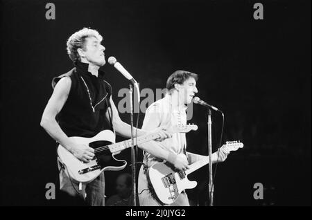 British rock group The Who in Toronto, Canada.Singer Roger Daltrey and guitarist Pete Townshend performing on stage at Maple Leaf Gardens, the last venue of the band's Farewell tour.  December 1982. Stock Photo