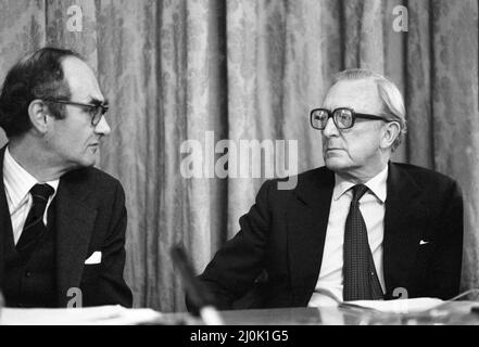 Foreign Secretary Lord Carrington and Defence Secretary John Nott at a press conference held at the Foreign office to make a statement on the Falklands invasion by Argentina.  2nd April 1982. Stock Photo