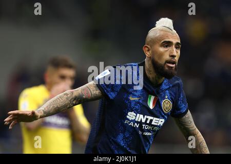 Milan, Italy. 19th Mar, 2022. Nicolo Barella (FC Internazionale) gestures during Inter - FC Internazionale vs ACF Fiorentina, italian soccer Serie A match in Milan, Italy, March 19 2022 Credit: Independent Photo Agency/Alamy Live News Stock Photo
