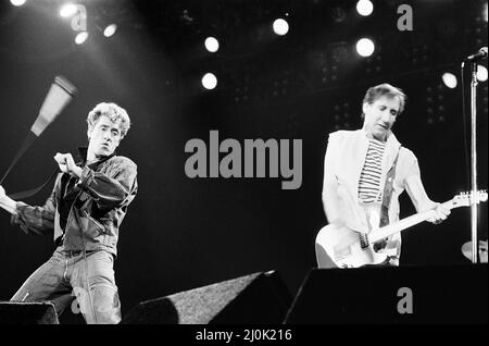 British rock group The Who in Toronto, Canada.Singer Roger Daltrey and guitarist Pete Townshend performing on stage at Maple Leaf Gardens, the final venue on their Farewell tour. December 1982. Stock Photo
