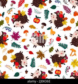 Background of cute cartoon hedgehogs among autumn leaves and fruits with mushrooms Stock Photo