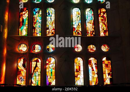 Barcelona, Spain - 15 December 2019: Stained windows from inside the Sagrada Familia in Barcelona, Spain. Stock Photo