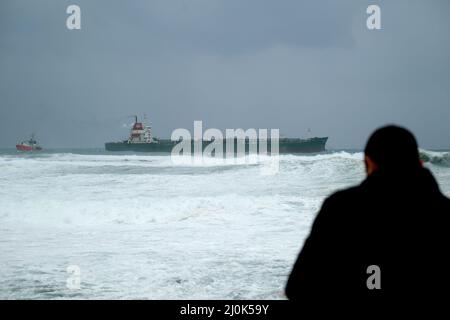 Naxxar, Malta. 19th Mar, 2022. Photo taken on March 19, 2022 shows a chemical tanker off the Bahar ic-Caghaq coast, Naxxar, Malta. The chemical tanker was adrift off the Bahar ic-Caghaq coast as it went out of control in the strong winds and rough seas that hit the Maltese islands on Saturday. Credit: Jonathan Borg/Xinhua/Alamy Live News Stock Photo