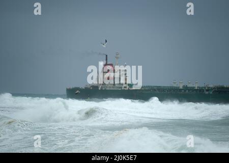 Naxxar, Malta. 19th Mar, 2022. Photo taken on March 19, 2022 shows a chemical tanker off the Bahar ic-Caghaq coast, Naxxar, Malta. The chemical tanker was adrift off the Bahar ic-Caghaq coast as it went out of control in the strong winds and rough seas that hit the Maltese islands on Saturday. Credit: Jonathan Borg/Xinhua/Alamy Live News Stock Photo