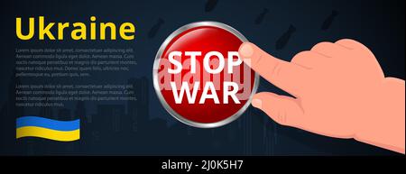The childs hand presses the red button, STOP WAR. Concept banner with place for text Stock Vector