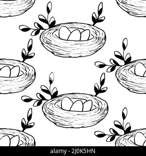 Seamless pattern with Bird's Nest, Easter eggs and branches isolated on white background. Natural interlacing. Black and white hand drawn logo. Doodle Stock Vector