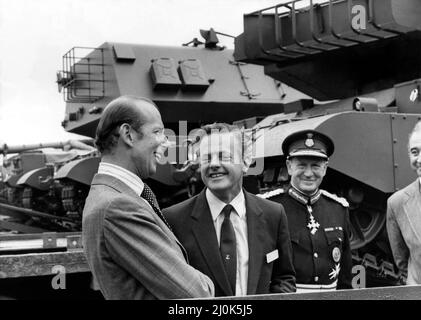 Prince Edward of Kent - The Duke and Duchess of Kent North East Royal Visits  The Duke of Kent during his visit to Newcastle 11 June 1982 - The Duke with Tyne Wear Lord Lieutenant Sir James Steel and Gerald Boxall at the Vickers Tank Factory Stock Photo